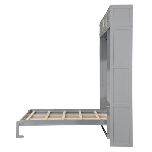 White Full Size Wood Murphy Bed with Desk and Storage Shelves A97733
