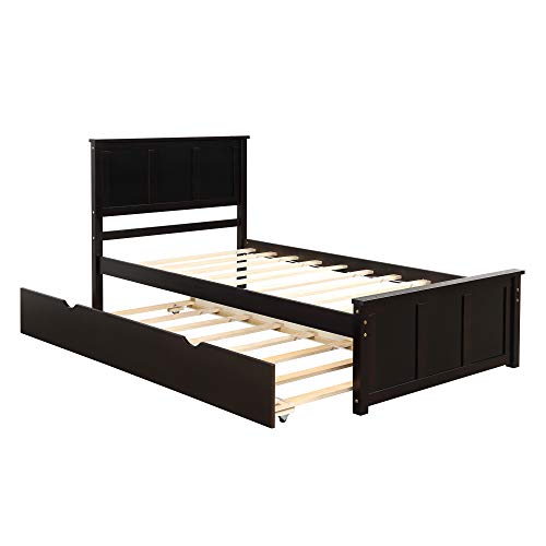 Twin Espresso Wood Low Platform Bed Frame with Headboard and Footboards T481254