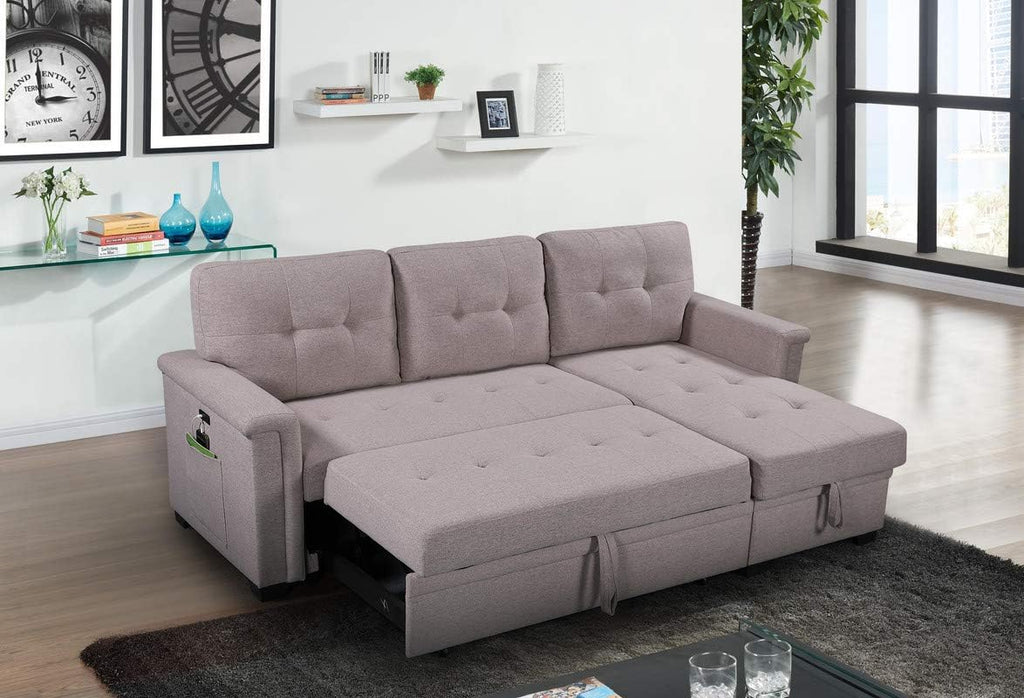 Linen Tufted Upholstered Convertible Corner Couch with Storage Chaise and Pull Out Bed, 84", Light Gray P902921