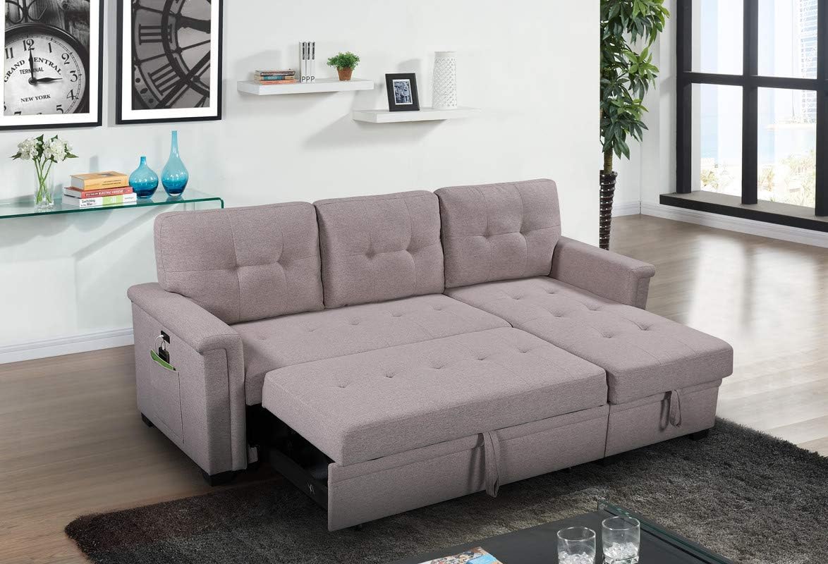 Linen Tufted Upholstered Convertible Corner Couch with Storage Chaise and Pull Out Bed, 84", Light Gray P902921