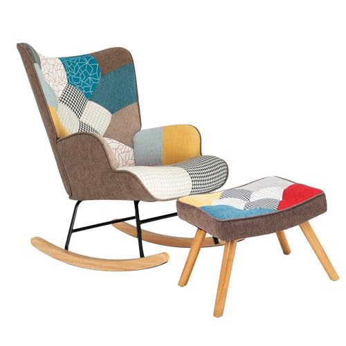 Patchwork Rocking Chair with Footstool and Pillow Fabric Upholstered High Back Lounge Chair 35''Lx 26''Wx37.8''H A390