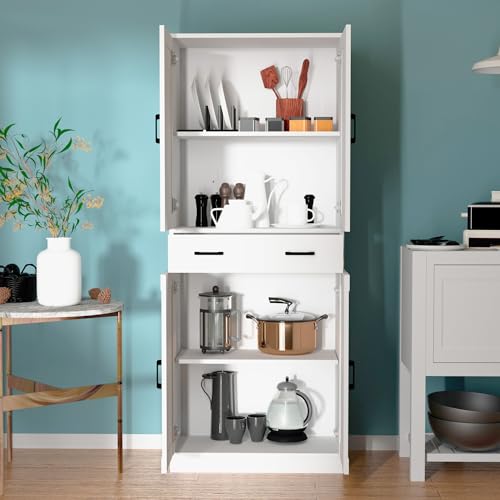 White 71" Tall Wooden Kitchen Storage Cabinet with Doors and Drawer O405