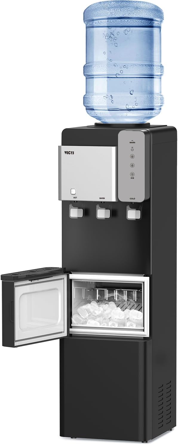 Water Dispenser Cooler with Ice Maker, 27LBS Daily Ice Making, Hot Cold Water, Child Safety Lock, Compatible with 3 or 5 Gallon Bottles I501546