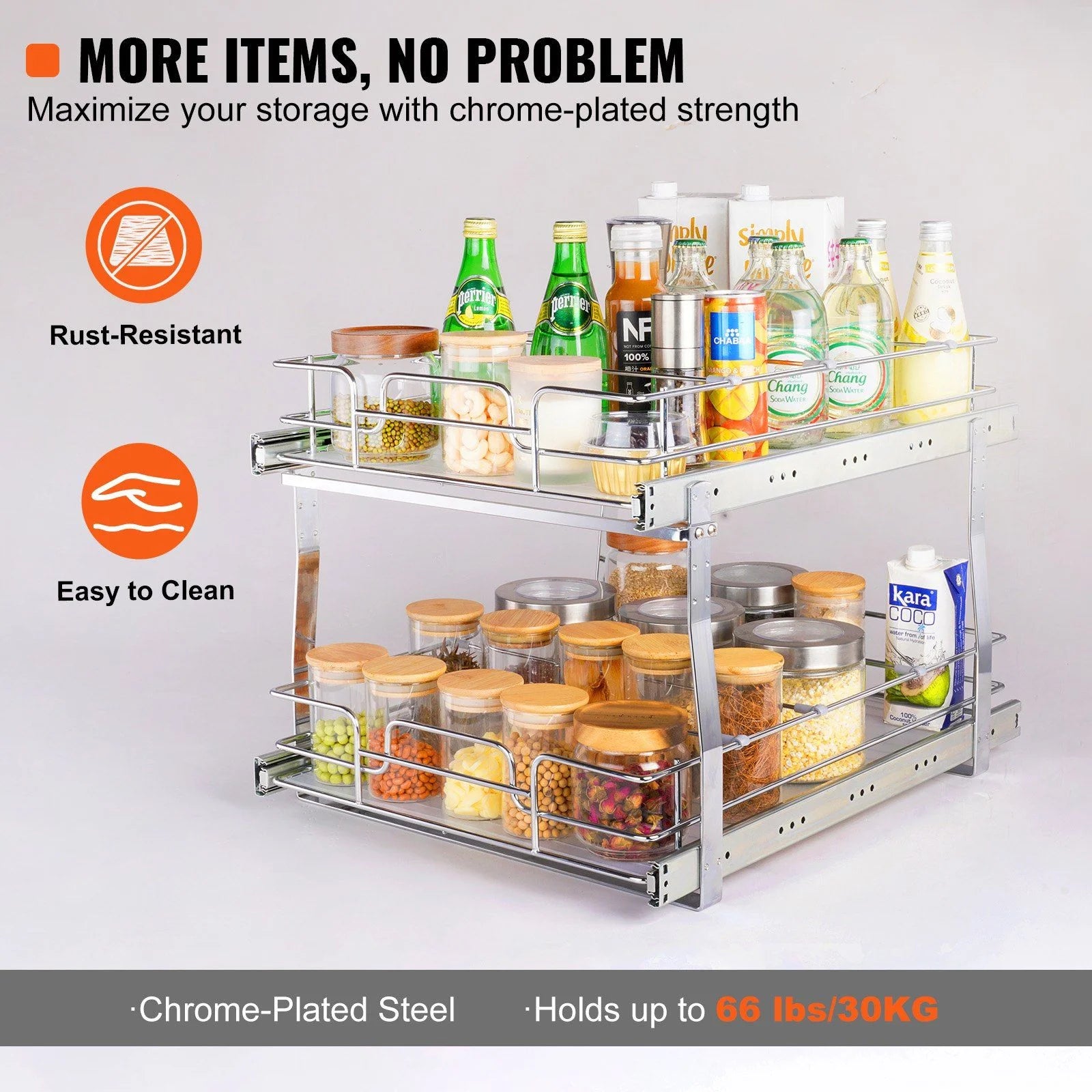 Chrome Plated Steel 2 Tier Slide Out Cabinet Organizer, 17 Inches Wide x 21 Inches Deep H7558
