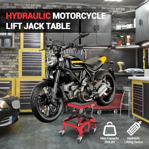 Hydraulic Motorcycle Lift Jack 350LBS, Foot Operated Scissor Lift Table, Heavy-Duty Steel Stand with Safety Lock & Wheels, Height Adjustable, Oil Drain Hole S256