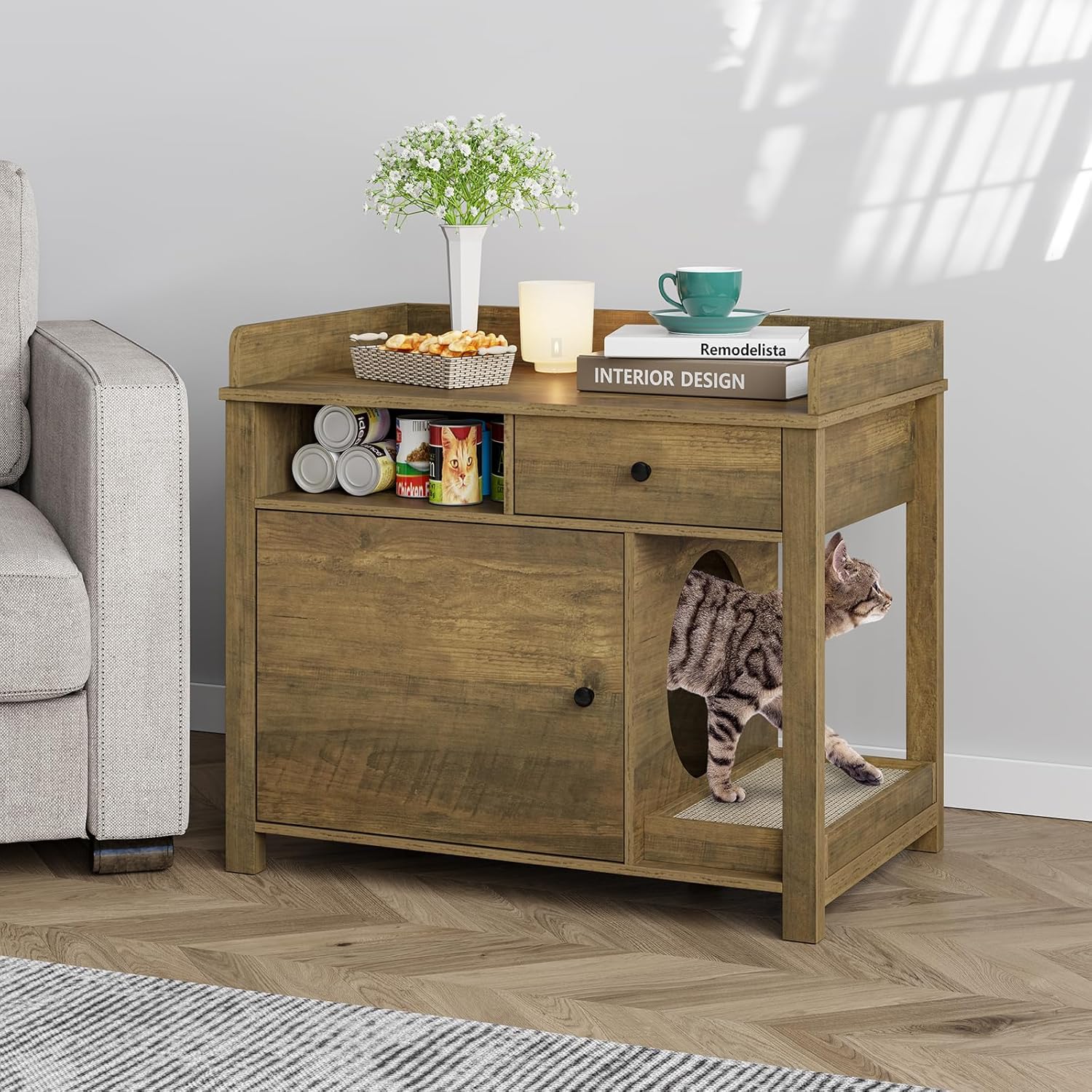 Wooden Cat Litter Box Enclosure with Shelves and Drawer E788