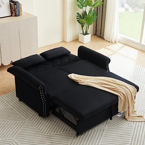 Black Velvet Convertible Sofa Bed with 2 Lumbar Pillows Z29376
