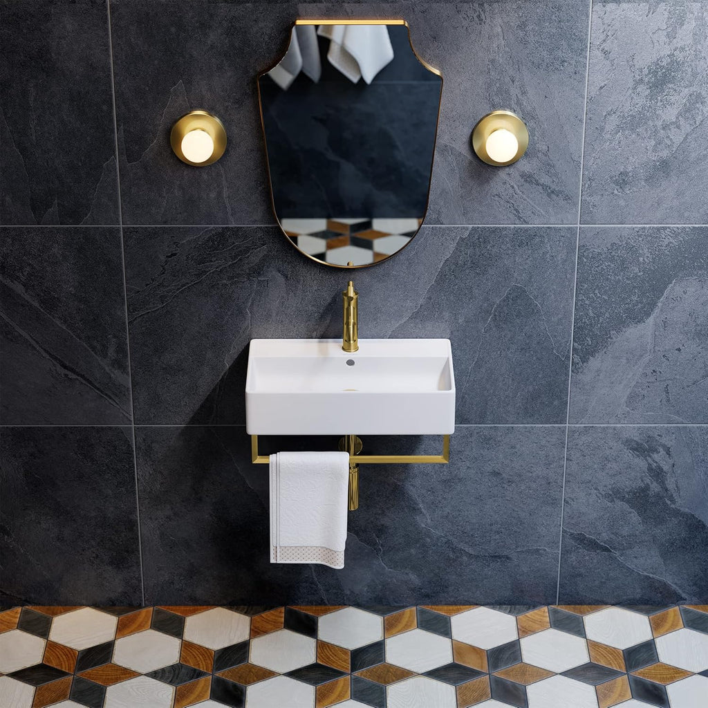22" Wall-Mount Bathroom Sink with Brushed Gold Towel Bar Z435