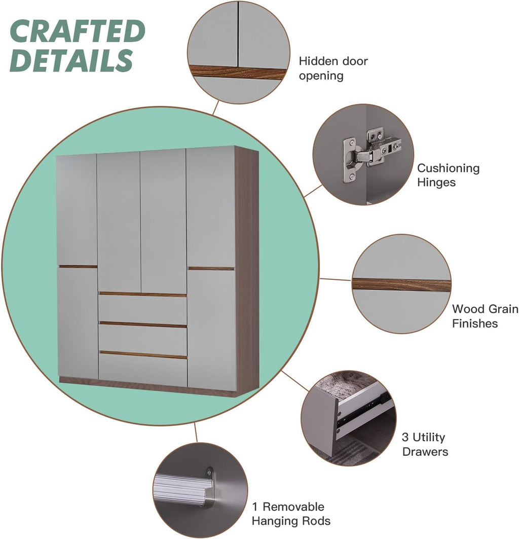 Gray 4-Door 3 Drawer Wooden Armoire Wardrobe V847