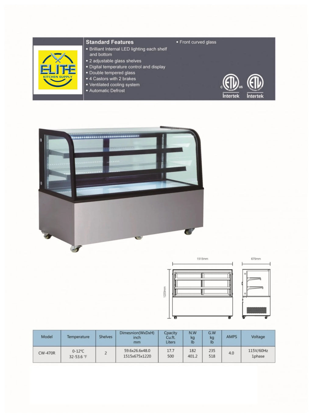 60 in. Double Tempered Glass Bakery Refrigerator Case 17.7 Cu. ft. S26136