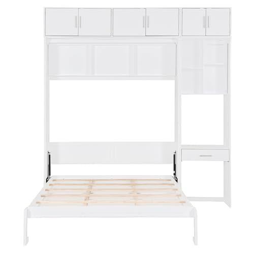 Queen Size Wood Murphy Bed with Desk and Storage Shelves W917164