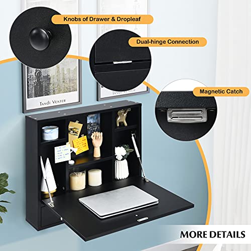White Wall Mounted Desk with Storage Drawer and Shelves C515