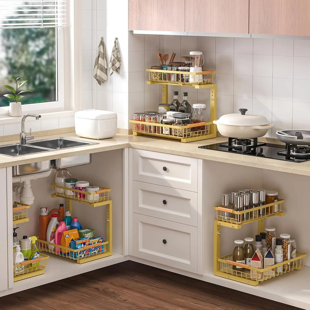 2 Pack Height Adjustable 2 Tier Pull Out Metal Under Sink Organizer X830443