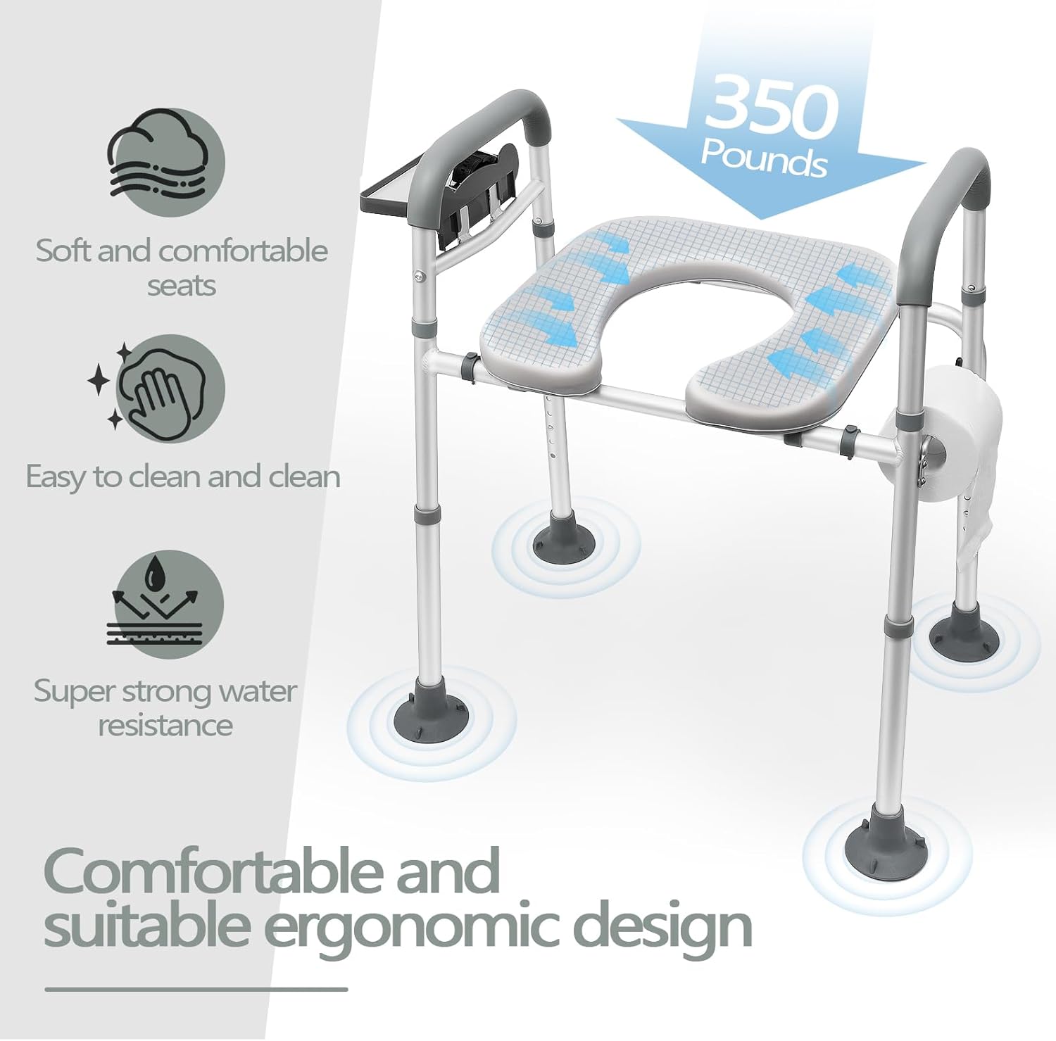 Raised Toilet Seat with Handles, Height Adjustable, Heavy Duty Padded Seat Riser, 350lbs Capacity E51650