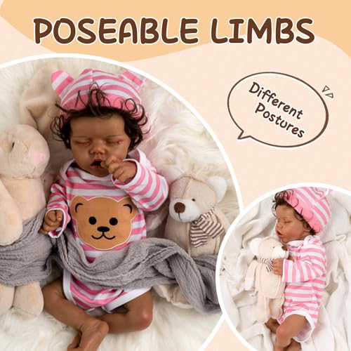 Realistic Reborn Baby Dolls, Silicone Soft Body Black Lifelike Reborn Babies with Feeding Kit & Gift Box D9534