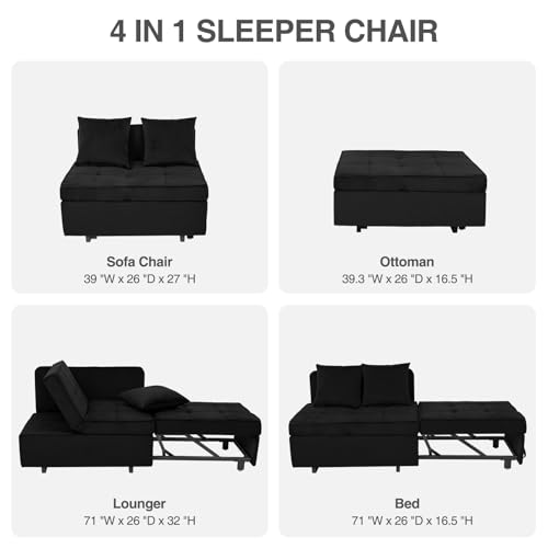Dark Grey Velvet 4-in-1 Convertible Sofa Bed with 2 Throw Pillow R9695