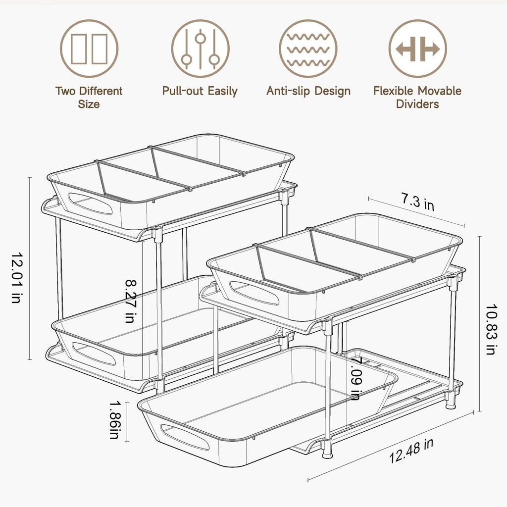 2 Pack Clear Pull Out Drawer Under Sink Organizer with Movable Dividers X31806