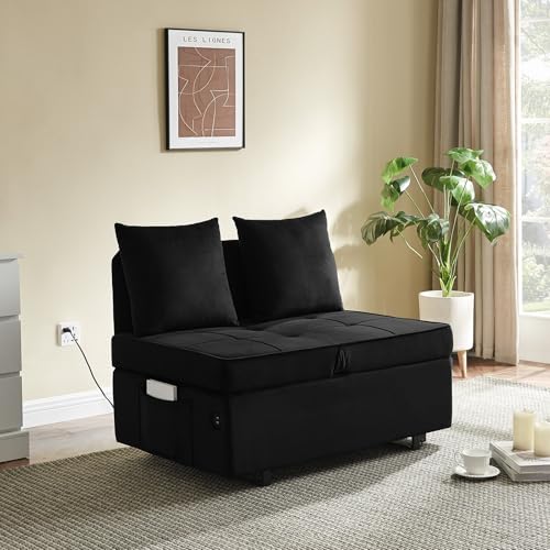 Dark Grey Velvet 4-in-1 Convertible Sofa Bed with 2 Throw Pillow R9695