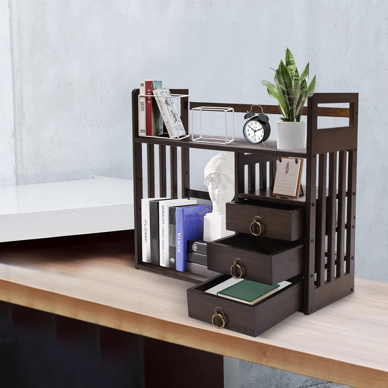 Bamboo Desk Bookshelf Organizer with Drawer, 19.7×7.5×17.7inch E49106