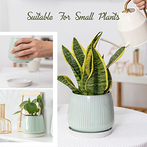 Blue Set of 4 Ceramic Succulent Planter Pots with Drainage Hole and Saucers G296