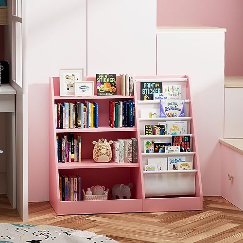 White Wood Kids Bookshelf with 3 Cube Bins Fabric Drawers B638