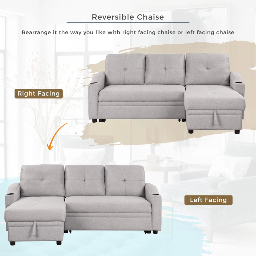 Gray Linen 3 Seater L Shape Sofa with Storage Chaise E536286