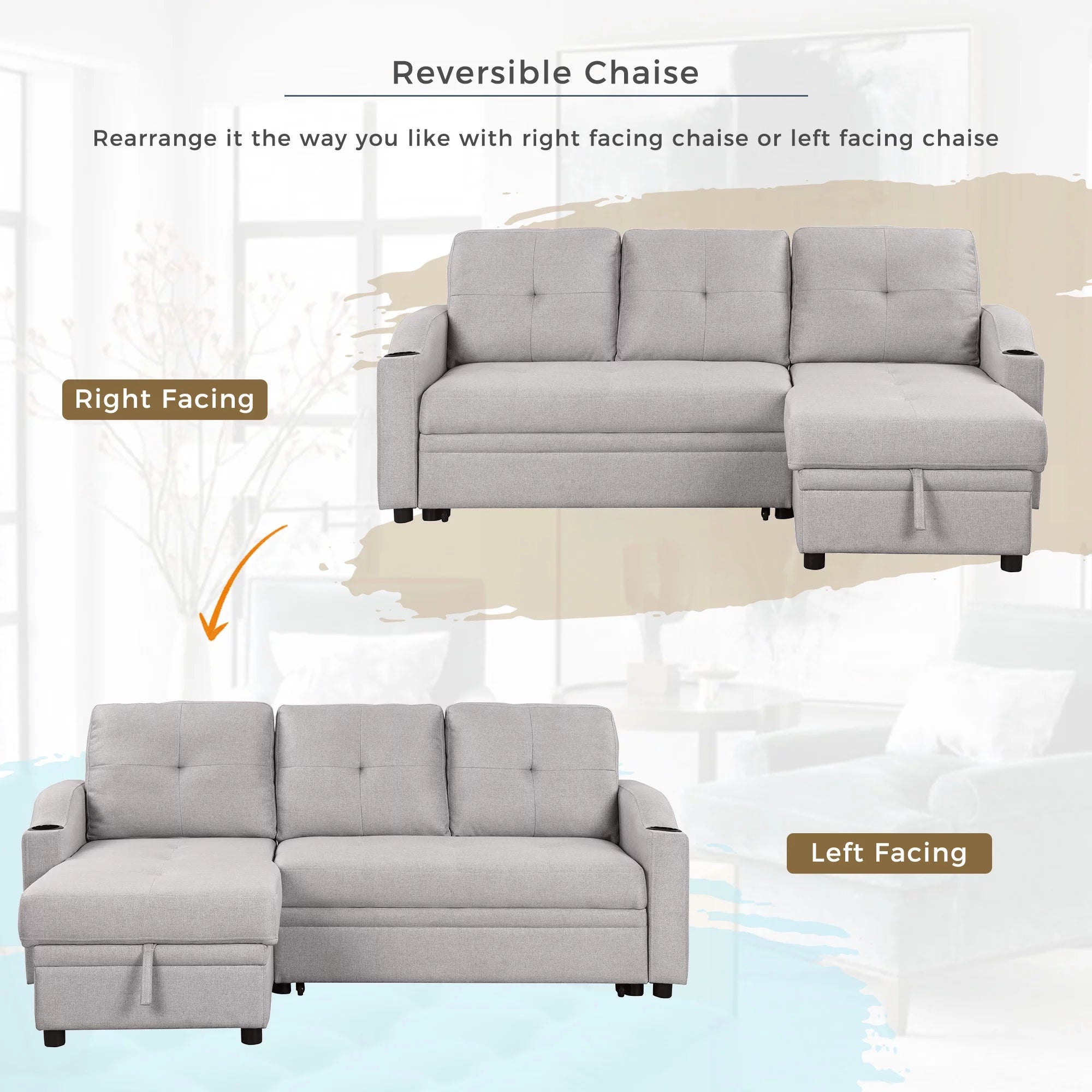 Gray Linen 3 Seater L Shape Sofa with Storage Chaise E536286