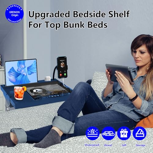 Bamboo Bed Shelf Organizer with Phone Holder (Blue) F766117