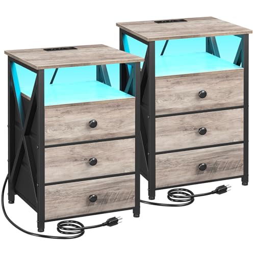 Dark Grey LED Nightstand Set 2 with Fabric Drawers M30502