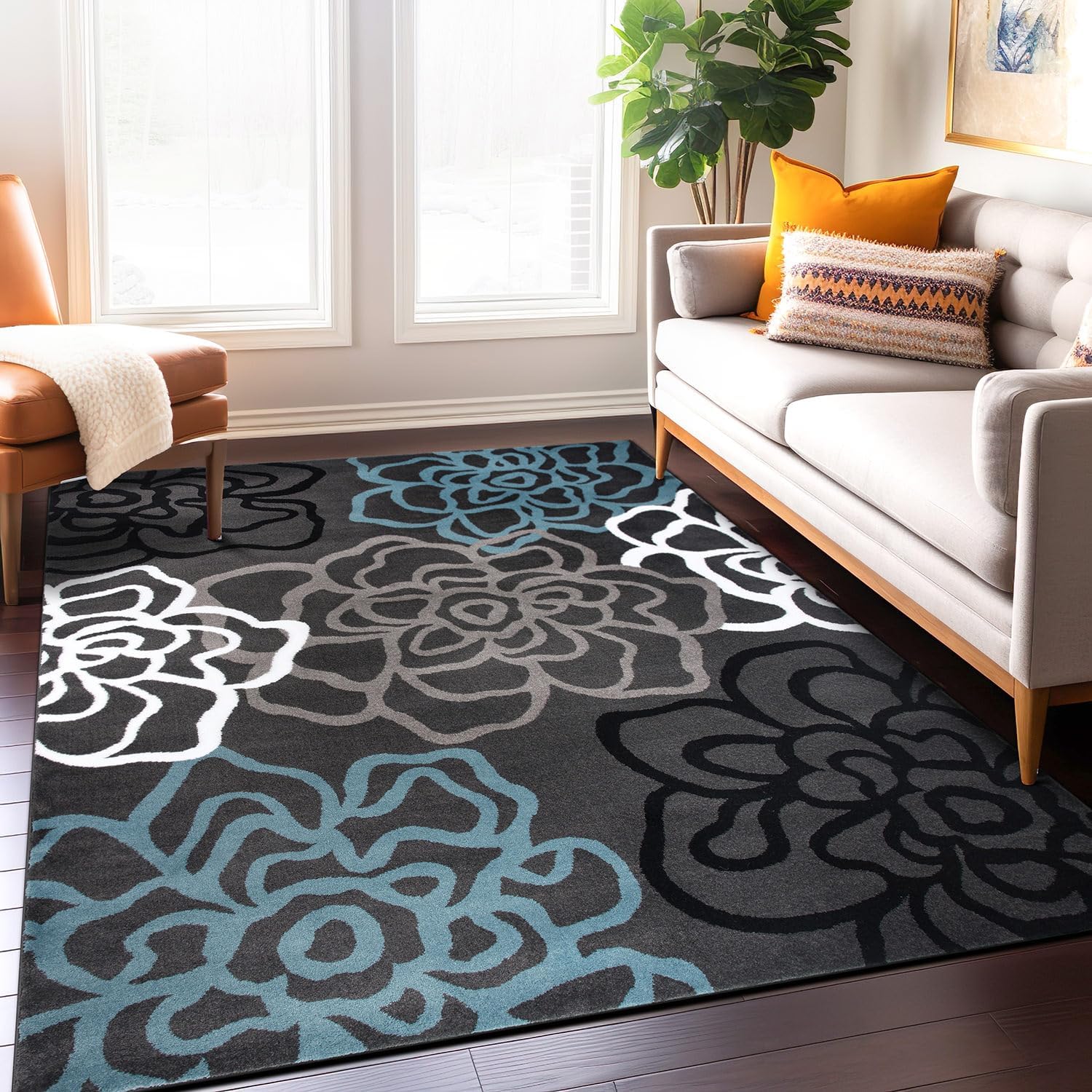 Gray Floral Abstract Area Rug 5' 3" X 7' 3" N435997