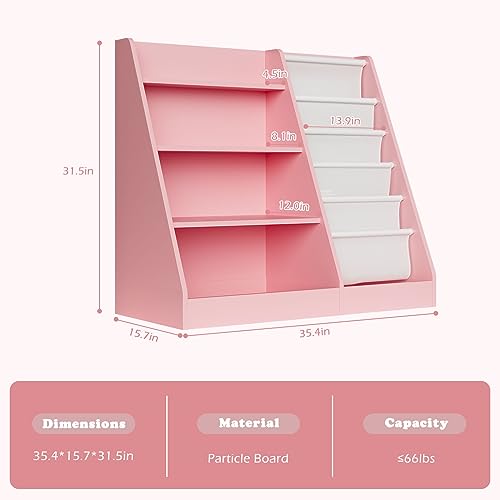 White Wood Kids Bookshelf with 3 Cube Bins Fabric Drawers B638