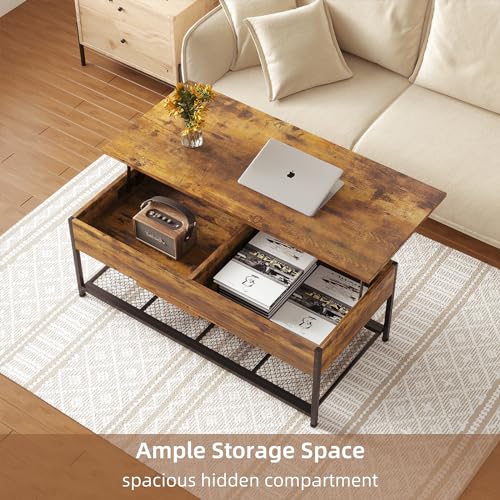 Rustic Brown Wooden Lift Top Coffee Table with Hidden Storage K580