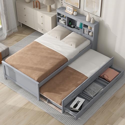 Gray Full Size Bookcase Bed with Trundle and Storage Drawers L29631