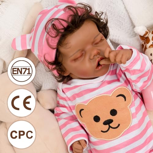Realistic Reborn Baby Dolls, Silicone Soft Body Black Lifelike Reborn Babies with Feeding Kit & Gift Box D9534