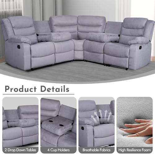Grey Microfiber Manual Reclining Sectional Sofa with Cup Holders C231
