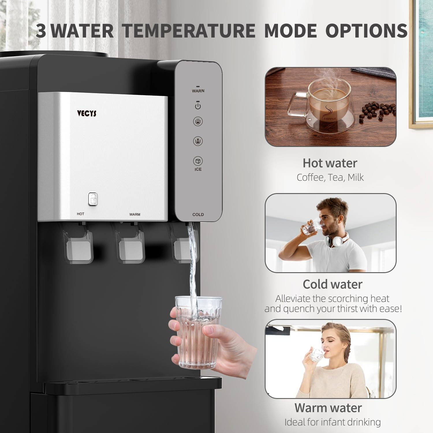Water Dispenser Cooler with Ice Maker, 27LBS Daily Ice Making, Hot Cold Water, Child Safety Lock, Compatible with 3 or 5 Gallon Bottles I501546