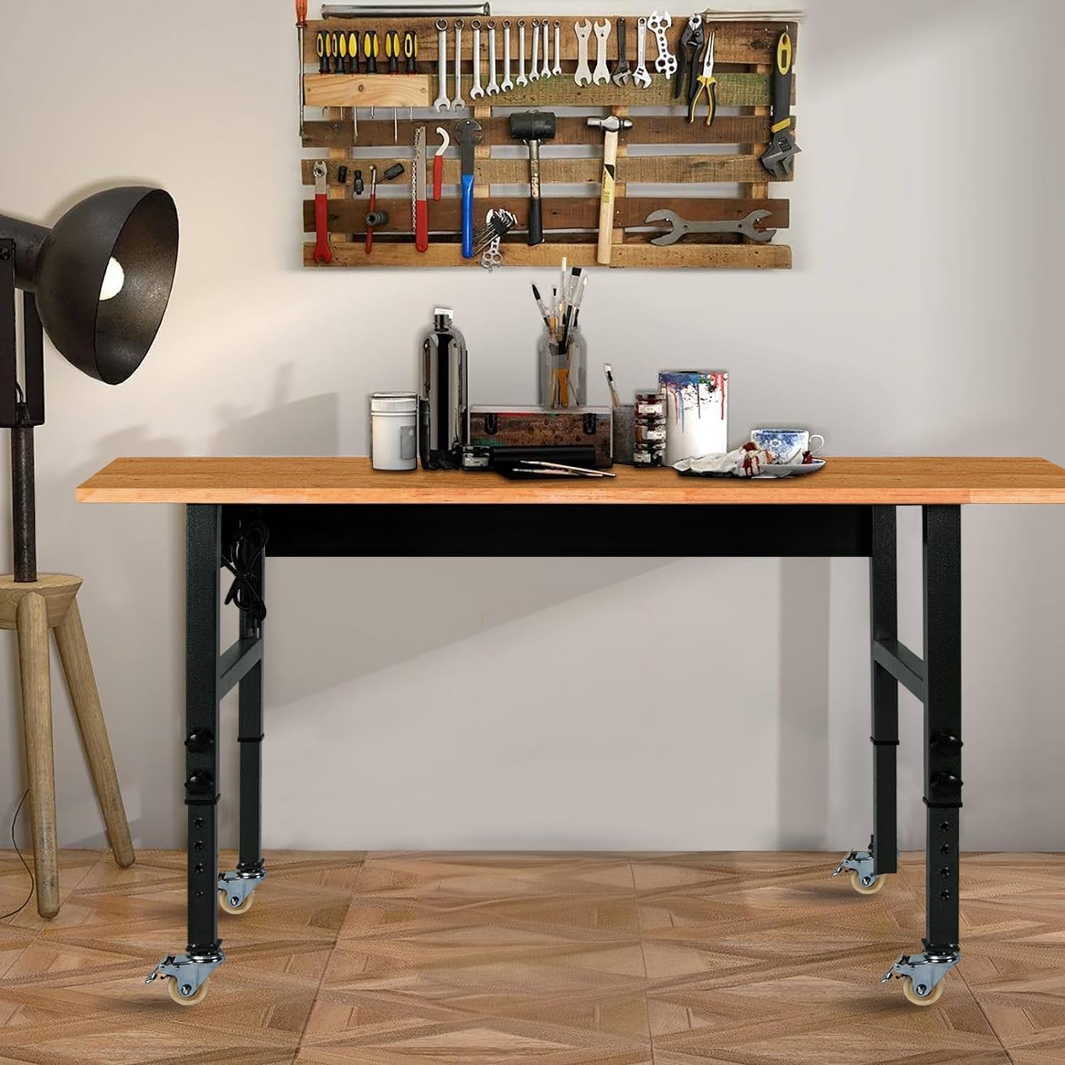 60" Adjustable Work Bench with Rubber Wood Top and Power Outlet K4322