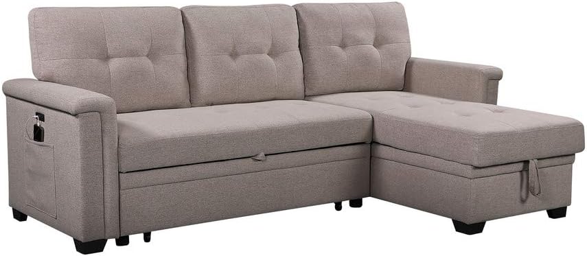 Linen Tufted Upholstered Convertible Corner Couch with Storage Chaise and Pull Out Bed, 84", Light Gray P902921