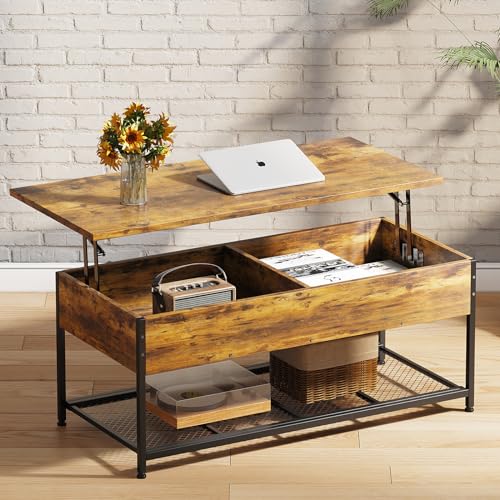 Rustic Brown Wooden Lift Top Coffee Table with Hidden Storage K580