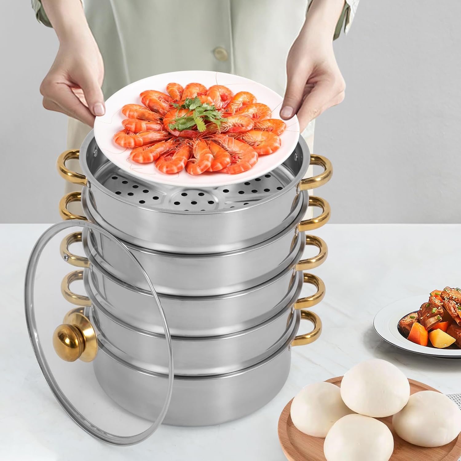 26cm Stainless Steel 5 Tier Steamer Pot with Glass Lid R308727