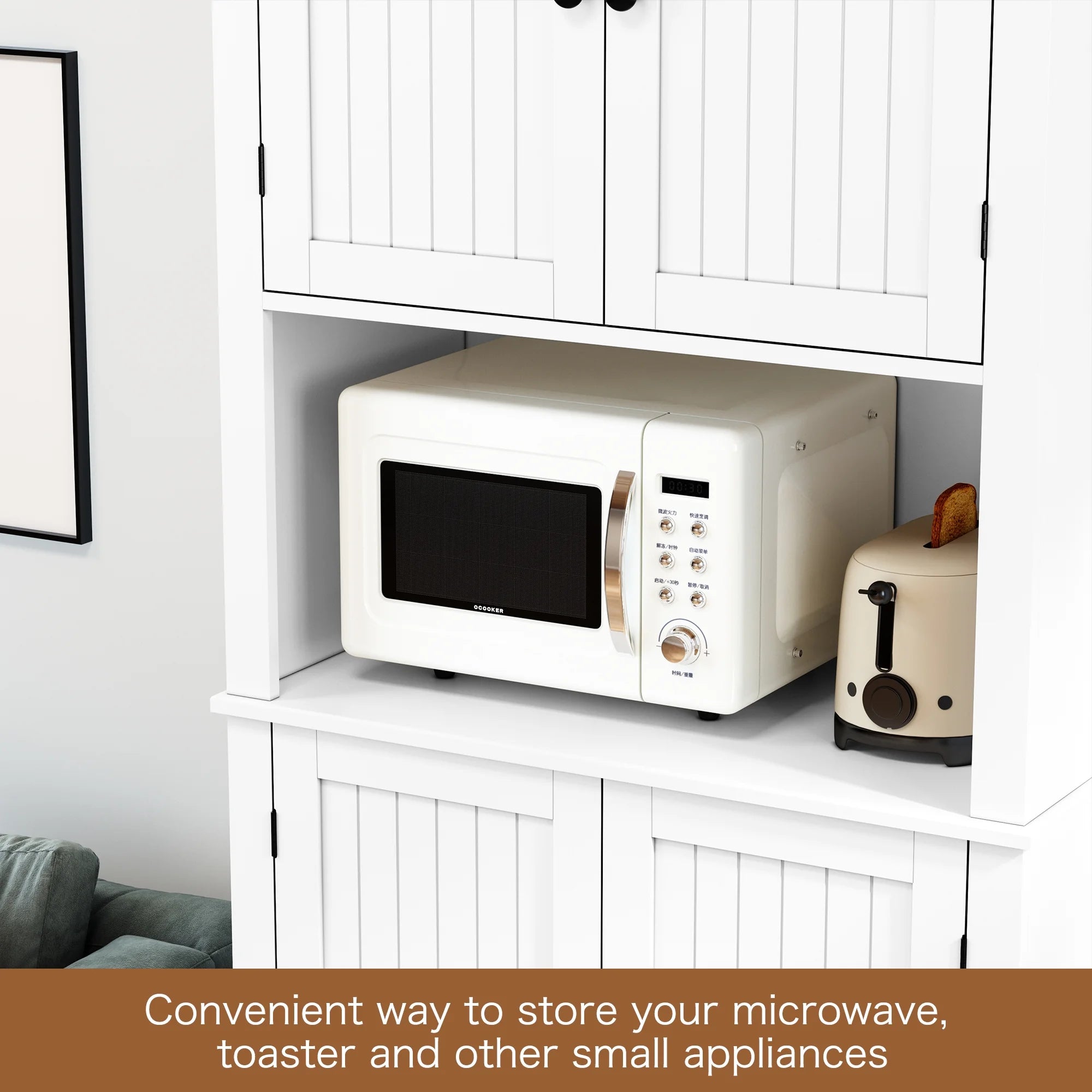 White 72" Kitchen Pantry Storage Cabinet with Microwave Stand H83806