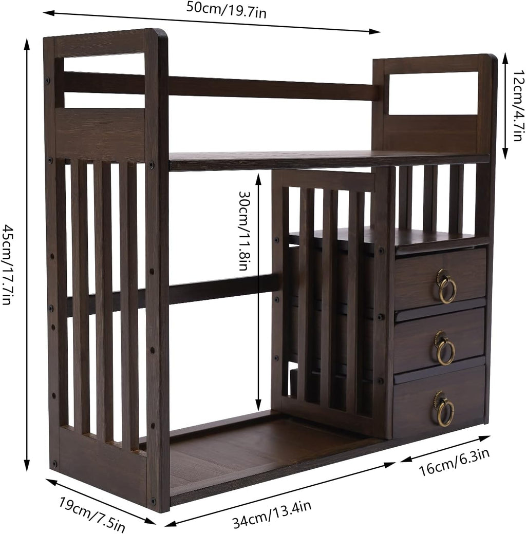 Bamboo Desk Bookshelf Organizer with Drawer, 19.7×7.5×17.7inch E49106