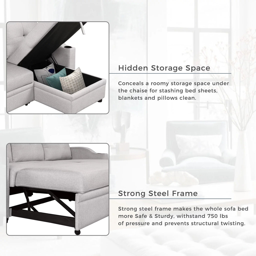 Gray Linen 3 Seater L Shape Sofa with Storage Chaise E536286
