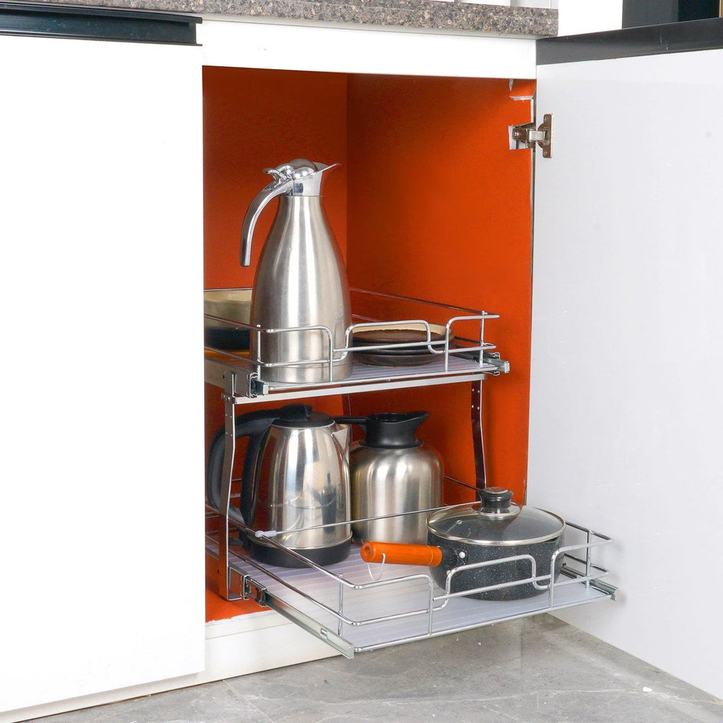 Chrome Plated Steel 2 Tier Slide Out Cabinet Organizer, 17 Inches Wide x 21 Inches Deep H7558