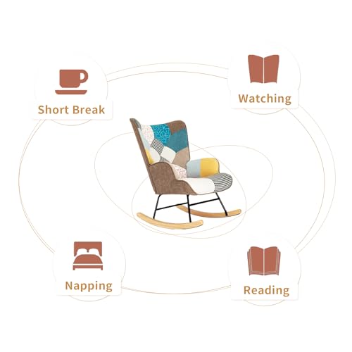 Patchwork Rocking Chair with Footstool and Pillow Fabric Upholstered High Back Lounge Chair 35''Lx 26''Wx37.8''H A390