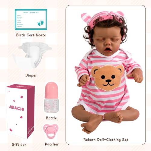 Realistic Reborn Baby Dolls, Silicone Soft Body Black Lifelike Reborn Babies with Feeding Kit & Gift Box D9534