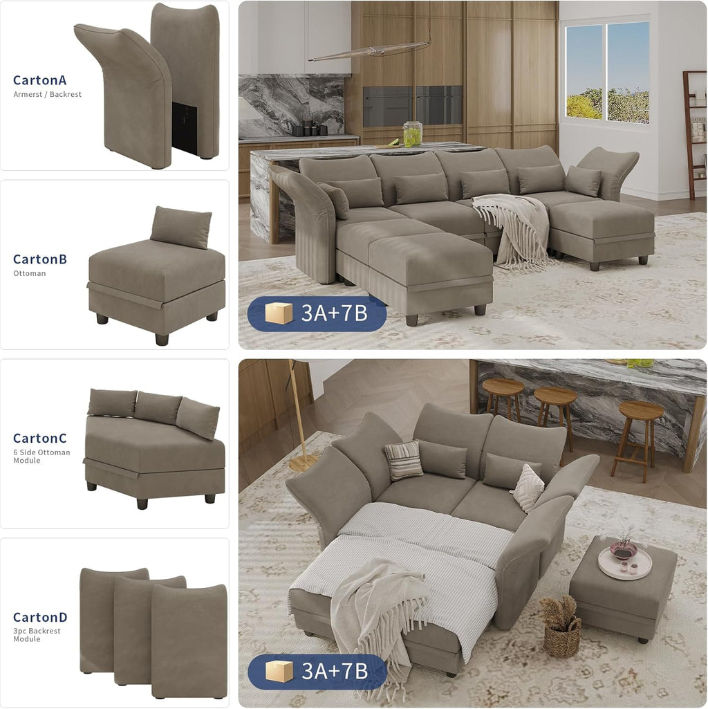 Brown Velvet Modular Sectional Sofa L Shaped Corner Couch with Storage Chaise O954