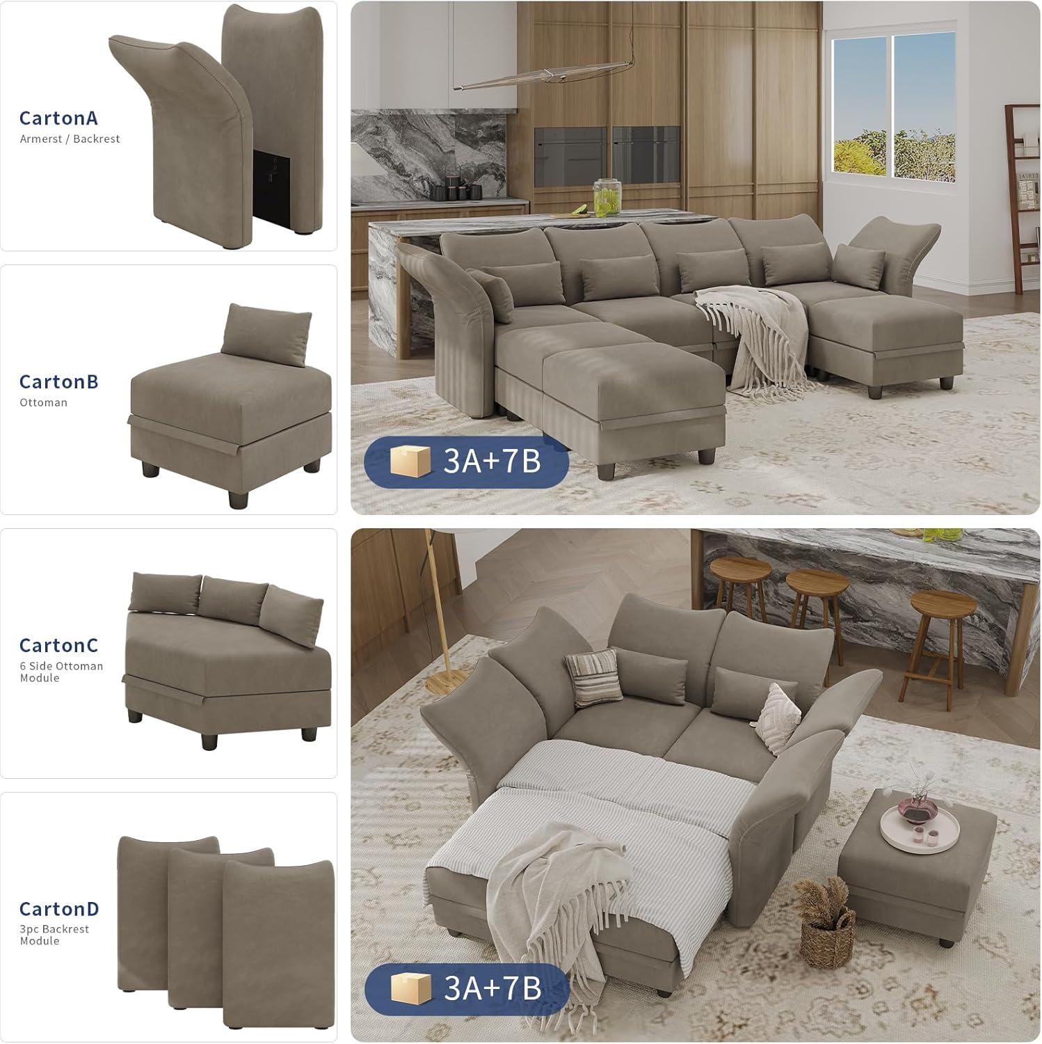 Brown Velvet Modular Sectional Sofa L Shaped Corner Couch with Storage Chaise O954