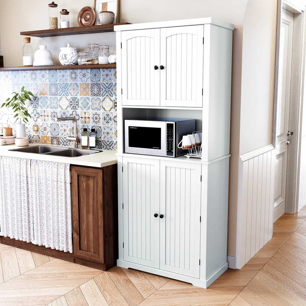 White 72" Kitchen Pantry Storage Cabinet with Microwave Stand H83806