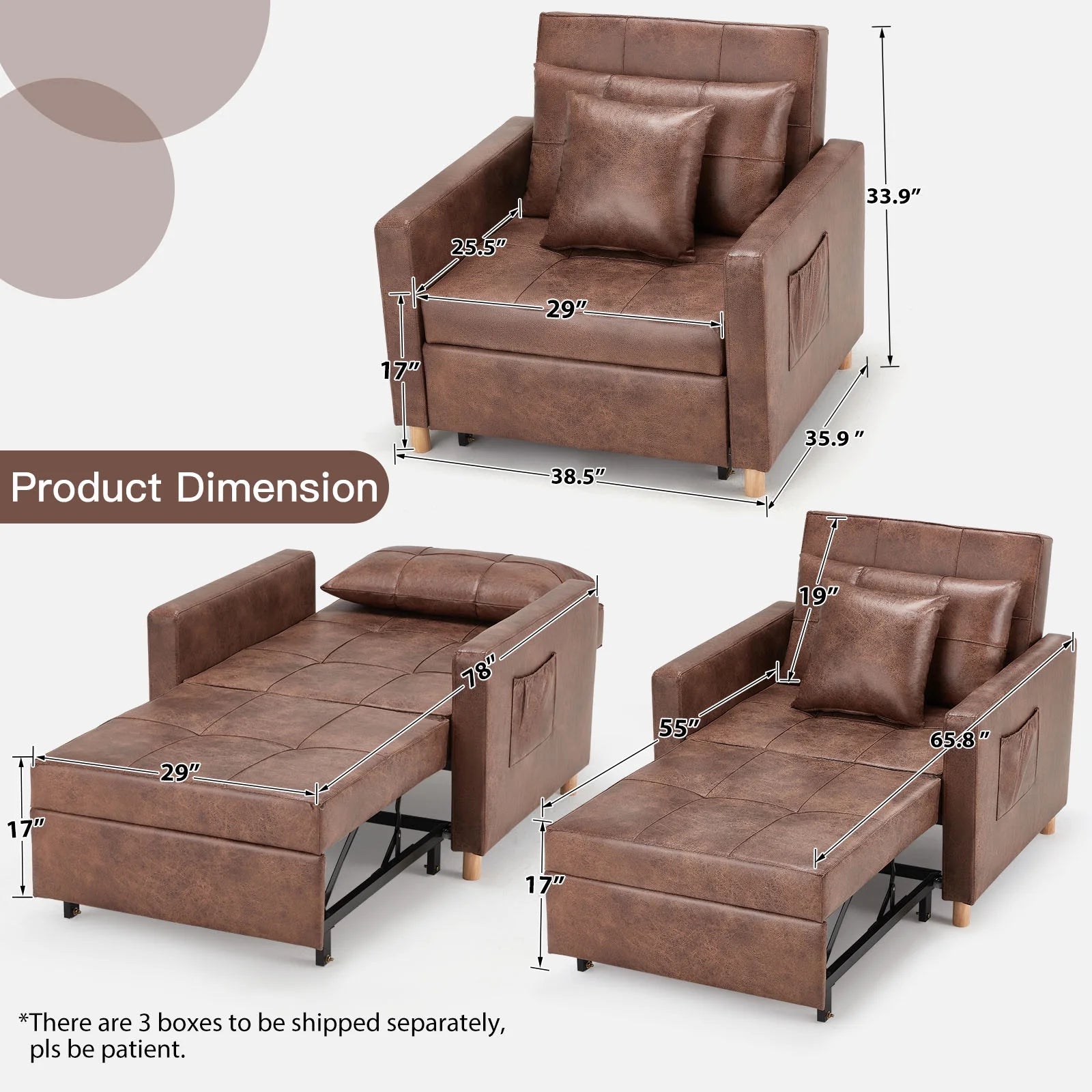 Saddle Brown 3-in-1 Convertible Sofa Bed Chair V175639